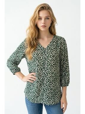 Molly Isadora Womens Plus Size 1X 3/4 Sleeve Green White Popover Top Buttons